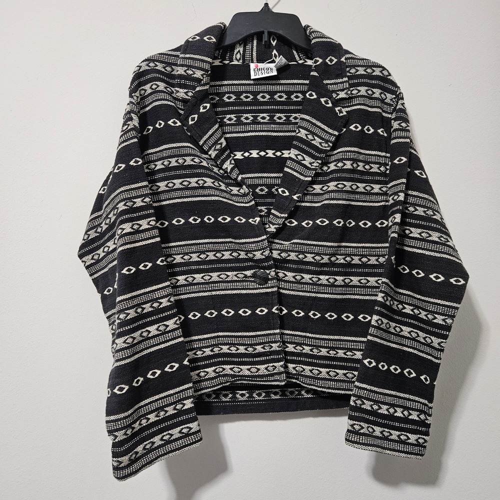 Chicos Design Black White Tribal Geometric Cotton Woven Jacket Size 0 S Vintage
